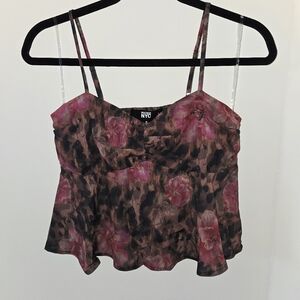 Madden NYC Pink and Black Floral Baby Doll Cropped Top NWT Small